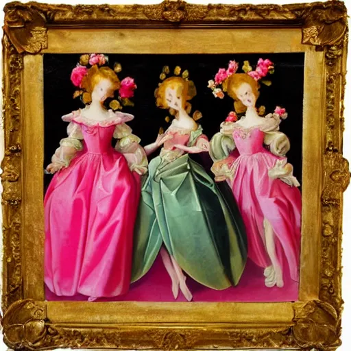 Prompt: group of skinny ladies wearing renaissance neon color dresses, pink and gold flowers super bright light in the style of translucent glassy painting, rococo, manga