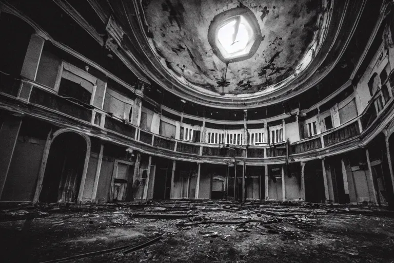 Image similar to photography of inside of an abandoned old opera fitlh and grim apex, creepy, dark atmosphere, ray of sun from the rooftop, wide angle, 1 6 mm lens fujifilm, grainy film