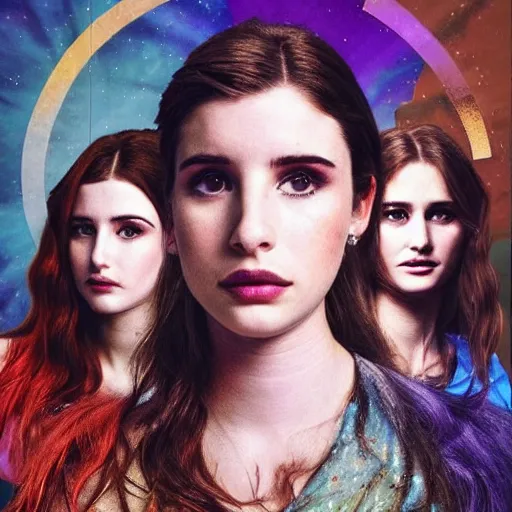 Image similar to young Emma Roberts and Thomasin McKenzie and young Mädchen Amick as a trio of goddesses of ravens looking searchingly into your eyes. minute detail. blended shadowing. tricolors. ultra colorful. perfect lighting. perfect pose. amazing creative portrait illustration. the best portrait of 3 beautiful goddesses in existence. large format image. image appears 3D.