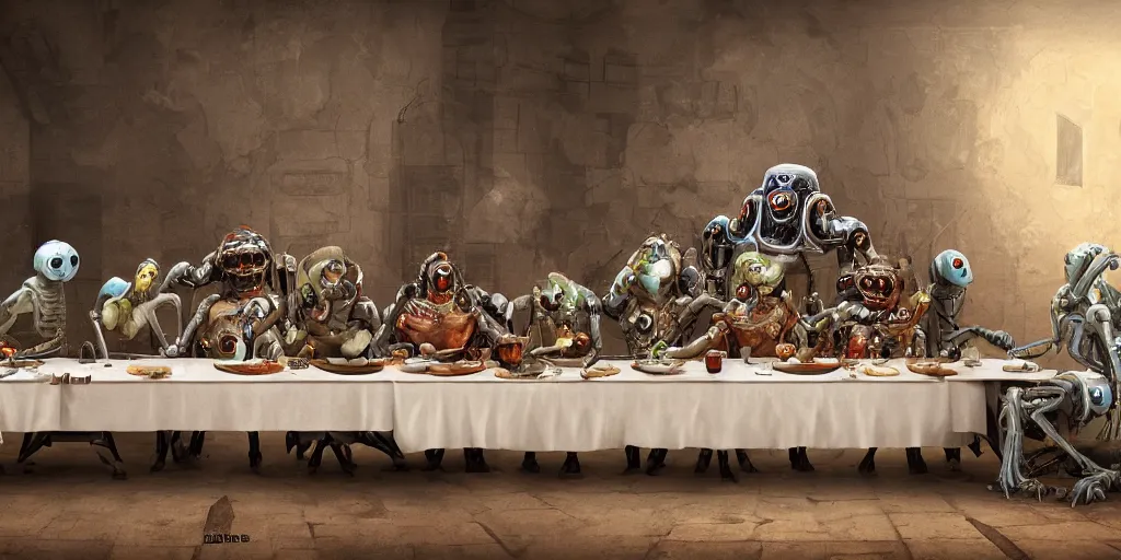 Image similar to last supper realistic robot , A Monster Emerges - inspired by 'The Beholder' Concept by Marcus Whinney trending on artstation