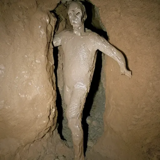 Image similar to found footage of a man made of clay emerging from a wall inside of a cave made of clay, creepy, flash photography, unsettling, moist