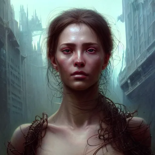 Image similar to a hyper - realistic detailed character concept art portrait of a beautiful woman on a depth of field background, artstation, award - winning realistic sci - fi concept art by jim burns and greg rutkowski, beksinski, a realism masterpiece, complimentary color palette, james gilleard, bruegel, alphonse mucha, and yoshitaka amano.