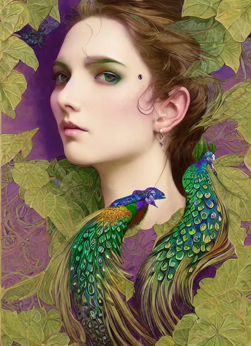 Prompt: symmetry, portrait of beautiful woman, peacocks, green and purple spike aura in motion, floating pieces, painted art by tsuyoshi nagano, greg rutkowski, artgerm, alphonse mucha, spike painting