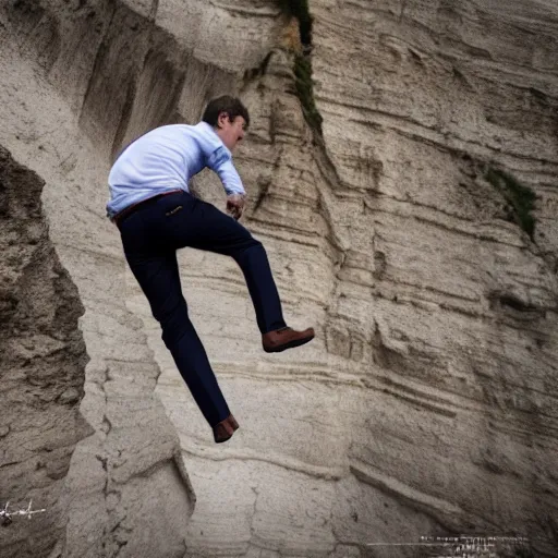 Image similar to Emmanuel Macron jumping of Normandy cliffs, 50mm photography, high quality, 4K