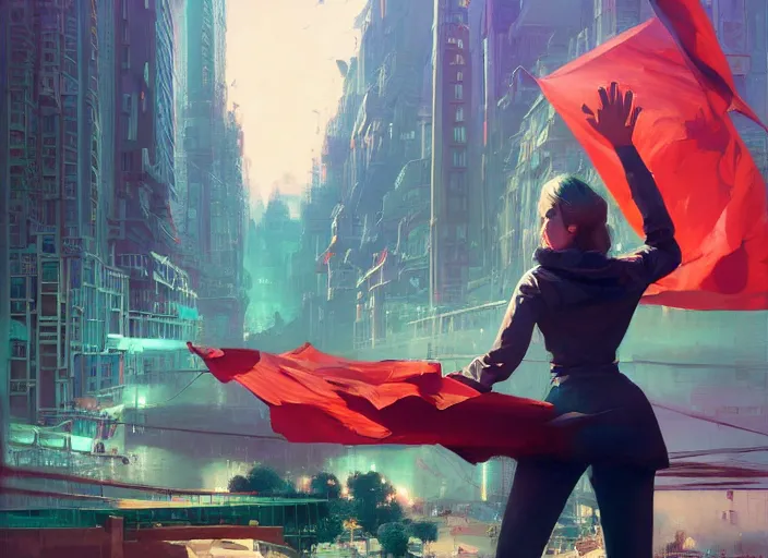 Prompt: gorgeous inspiring girl enthusiastically waving a red flag over her head to manage antigrav car traffic in a Mandelbrot fractal futuristic bustling utopian city by Craig Mullins, ilya kuvshinov, krenz cushart, artgerm trending on artstation by Edward Hopper and Dan Mumford and WLOP and Rutkovsky, Unreal Engine 5, Lumen, Nanite, lowpoly:10