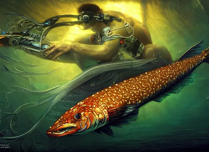 Image similar to electronic glowing pike fish, cybernetic, glowing veins subsurface scattering, underwater photography, by gerald brom, by mikhail vrubel, by peter elson, muted colors, extreme detail, trending on artstation, 8 k