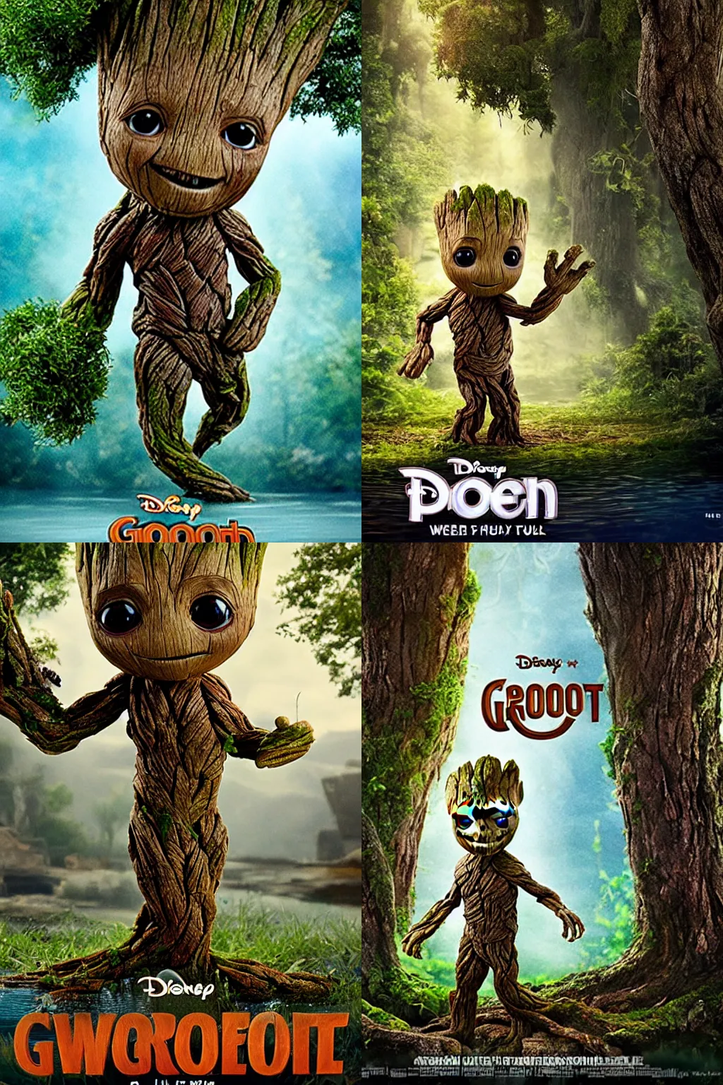 Prompt: little Groot is half covered by water, against the backdrop of trees, poster, by disney plus