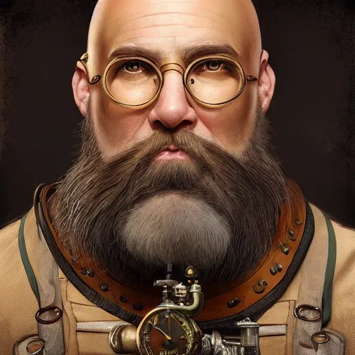 Image similar to Three quarters portrait of a bald male steampunk dwarf with long brown beard, highly detailed, digital painting, art by Stanley Lau and Artgerm and magali villeneuve and Alphonse Mucha, artstation, octane render, cgsociety