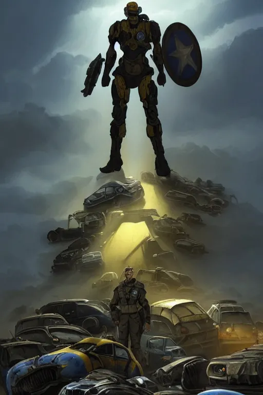 Image similar to a full body shot from distance of a super soldier with a Ukrainian yellow and blue flag standing in the beam of light from the clouds on a pile of skulls and rotten cars, western, masculine figure, D&D, fantasy, intricate, elegant, highly detailed, digital painting, artstation, concept art, matte, sharp focus, symmetrical, illustration, art by Artgerm and Greg Rutkowski and Alphonse Mucha