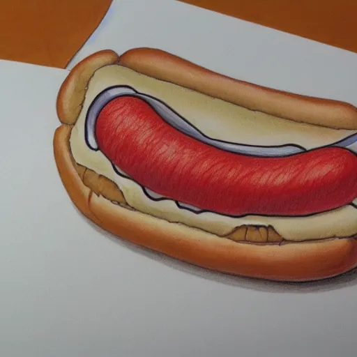 Image similar to hotdog floating, milk, lactose, colored pencil drawing