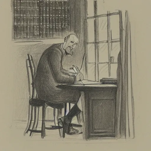 Image similar to a man sitting at a desk typing on the typewriter, old english sketch drawing