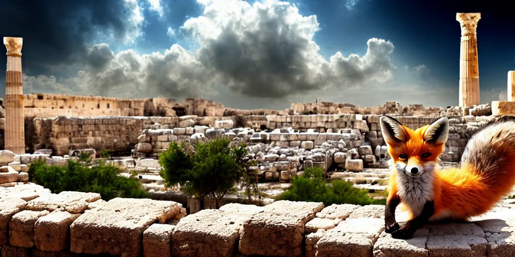 Image similar to a adorable small fox in the huge ruins of the second temple in jerusalem in the distance. the third temple hovers quietly hiding in the dreamy clouds above. a hooded bearded old man in a brown tunic laughing, colorful 8 k, art station, intricate superb details, digital art, cinematic, bokeh dof sky, by jim warren.