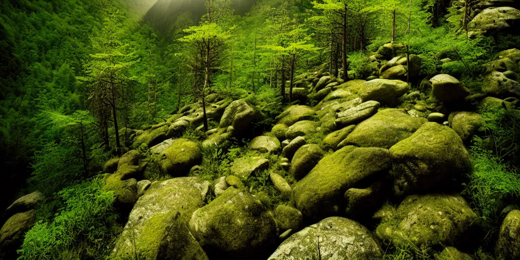 Image similar to lush montain rocky forest, dense vegetation, against light, bright details, contrasting, daylight, highly detailed, by dieter rams 2 0 0 0, national geographic magazine, reportage photo, natural colors