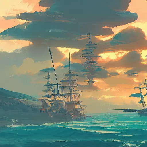 Image similar to Landscape of Pirates island and a pirate boat by Makoto Shinkai and James gilleard