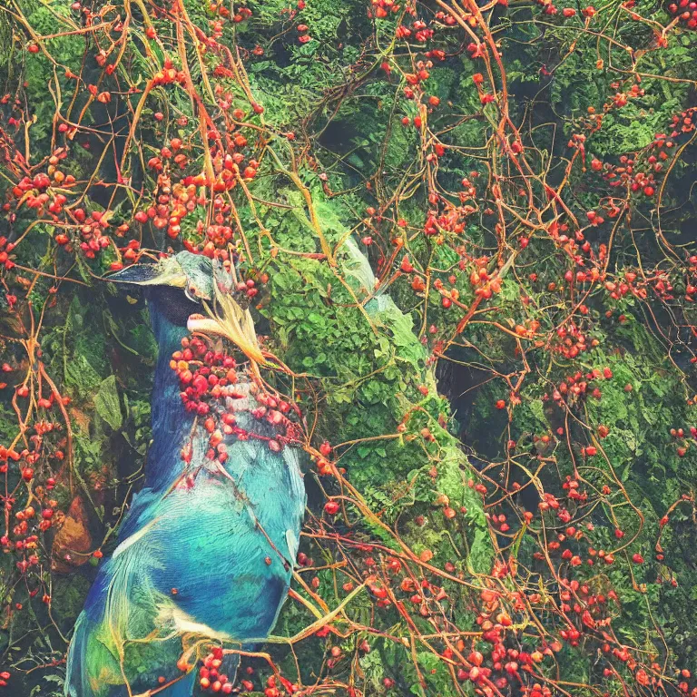 Image similar to human with the sea and the forest inside, veins diverge through the body like rivers filmed on a satellite, a person is decorated with wild berries, a beautiful bird is looking at him next, colorful picture