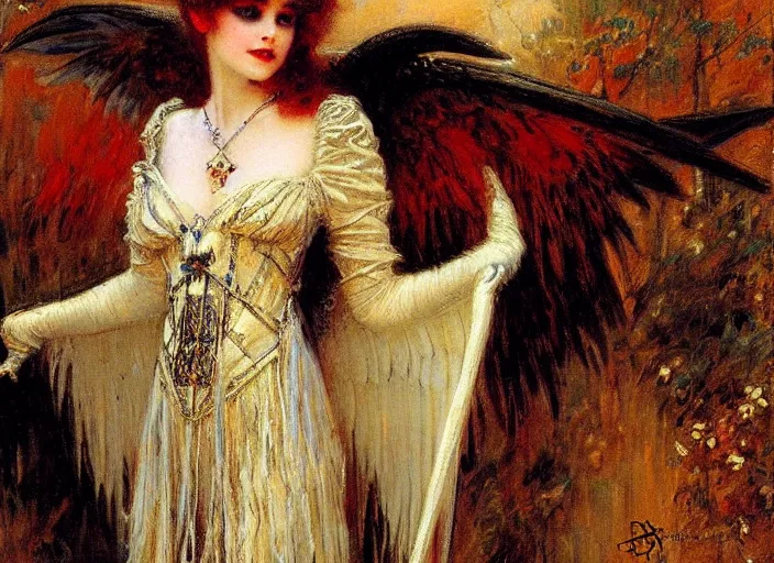 Prompt: horizontal prtrait of an angel knight gothic girl, baroque dress. by gaston bussiere