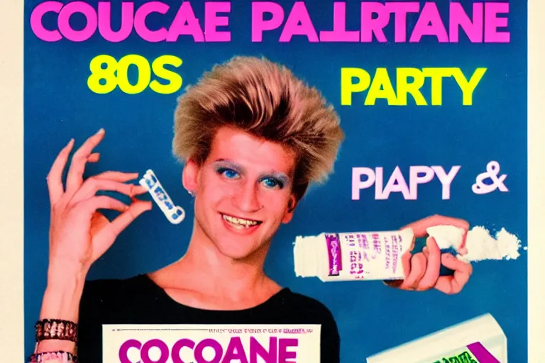 Prompt: 80s, cocaine, party, advertisement