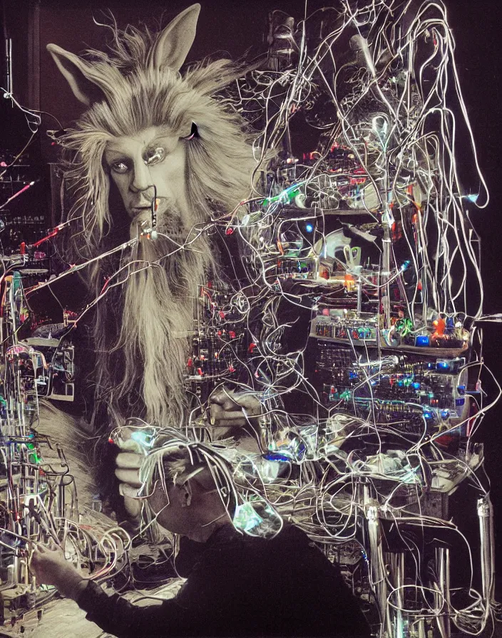 Image similar to chiaroscuro air brush fantasy hyper realistic photograph of a majestic goblin king patching a Buchla 200e modular synthesizer powered by tesla coils