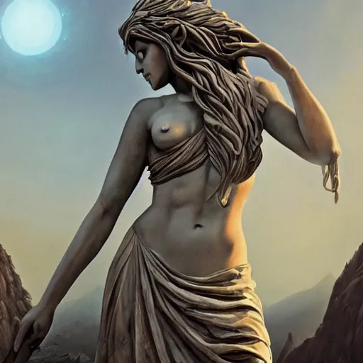 Image similar to A digital masterpiece illustration concept art of a giant statue of a very beautiful Greek Goddess with its top in the heaven, beautiful eyes, symmetrical face, symmetrical body, taiga landscape + inspired art by by WLOP + Extremely detailed and intricate complexity + epic composition, magical atmosphere, cinematic lighting + wide long shot, wide angle + trending on artstation + 8k