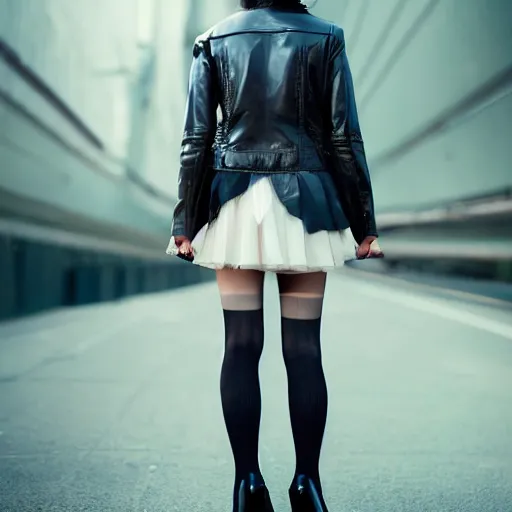 Image similar to a dynamic, epic cinematic 8K HD movie shot of a japanese young J-Pop idol girl wearing leather jacket, miniskirt, nylon tights and high heels boots. Motion, VFX, Inspirational arthouse