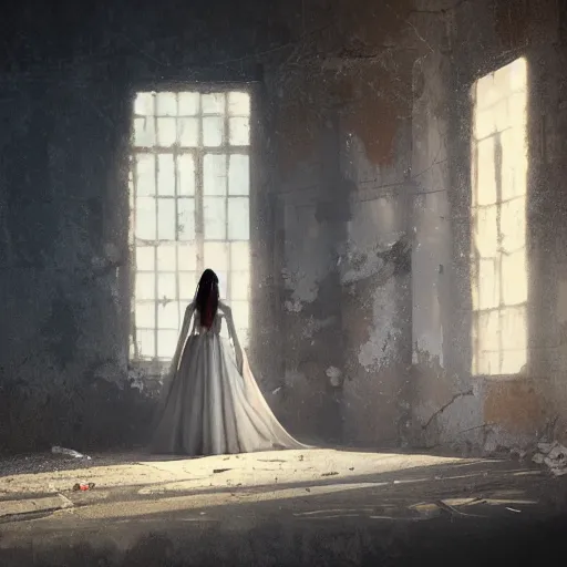 Image similar to A woman in a wedding dress in a dilapidated room, long shadow, dark room, vintage shading, warm colors, by Greg Rutkowski, artstation