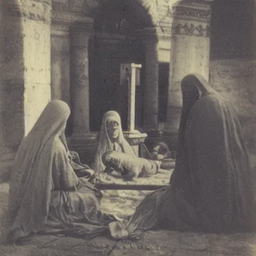 Prompt: 1 9 th century photo of 3 mary's at the tomb of jesus, by julia margaret cameron, beautiful composition