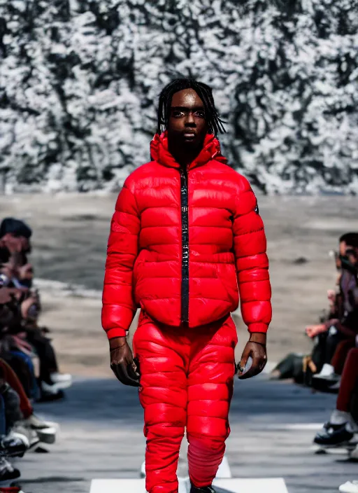 Image similar to hyperrealistic and heavy detailed moncler runway show of whole lotta red by playboi carti, leica sl 2 5 0 mm, vivid color, high quality, high textured, real life