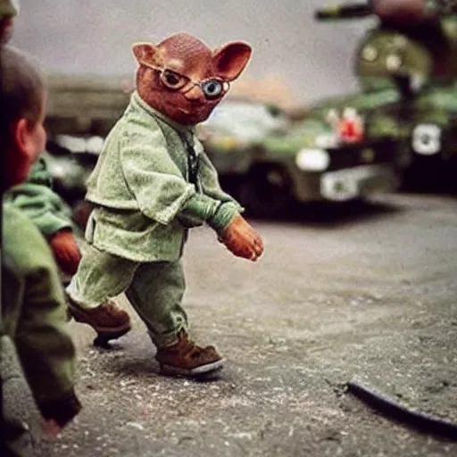 Prompt: “ stuart little leading the ukrainian militia ”