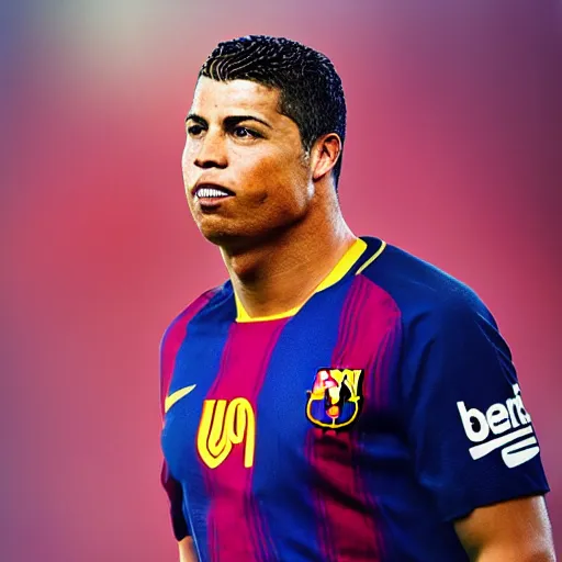 Prompt: fc barcelona, ronaldo nazario fenomeno, head and shoulders shot, portrait, photograph by mark mann