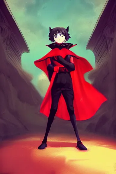 Image similar to little boy with cat ears in an black outfit with red cape. digital artwork made by lois van baarle and kentaro miura and marc simonetti, sharpness focus, inspired by hirohiko araki, anatomically correct, heroic composition, hero pose, smooth, concept art