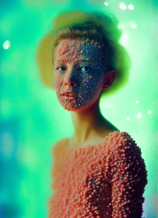 Prompt: realistic photo of a blurred face of a girl, covered in shriveling dead semi - translucent iridescent coral reef, emitting aura, 1 9 6 0, life magazine photo, natural colors, metropolitan museum, kodak, 8 k, very detailed, high resolution, product photo,