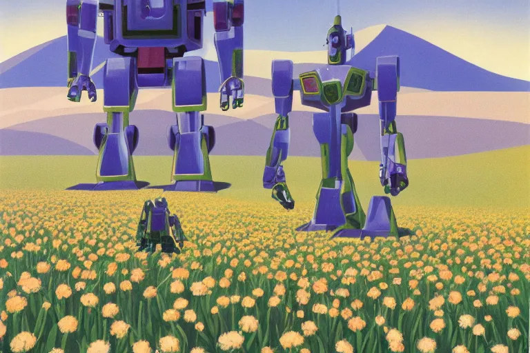 Image similar to giant mecha robot with laser, blooming hills with spring flowers and pillars by helen lundeberg