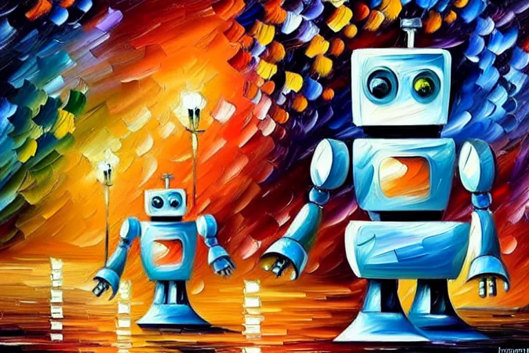 Image similar to a cute little robots painting by leonid afremov