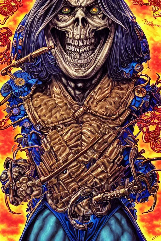 Prompt: portrait of crazy he - man skeletor, symmetrical, by yoichi hatakenaka, masamune shirow, josan gonzales and dan mumford, ayami kojima, takato yamamoto, barclay shaw, karol bak, yukito kishiro