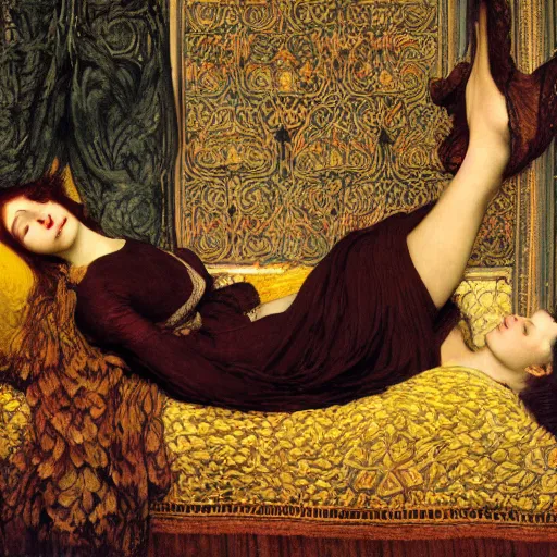 Prompt: preraphaelite photography reclining on bed, a hybrid of judy garland and nicole richie, aged 2 5, big brown fringe, wide shot, yellow ochre ornate medieval dress, john william waterhouse, kilian eng, rosetti, john everett millais, william holman hunt, william morris, 4 k