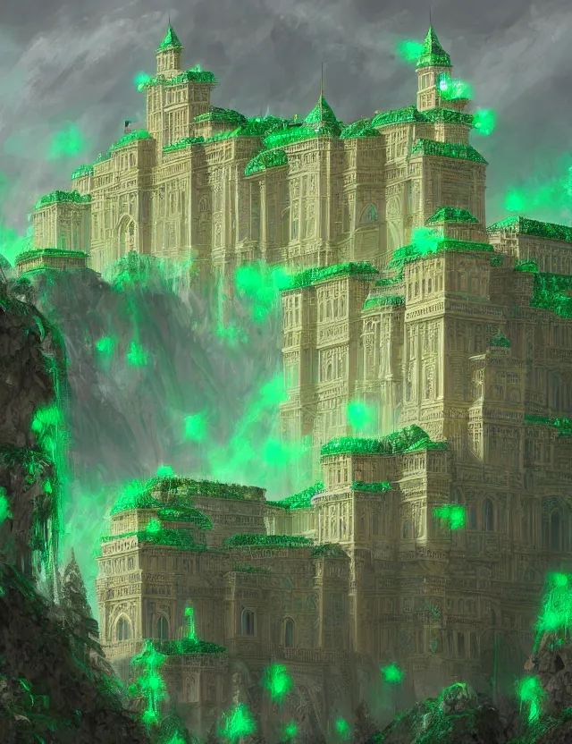 Image similar to a detailed digital painting of a palace made of gleaming emeralds, trending on artstation, digital art, 4 k resolution, detailed, high quality, sharp focus, hq artwork, coherent, insane detail, character portrait