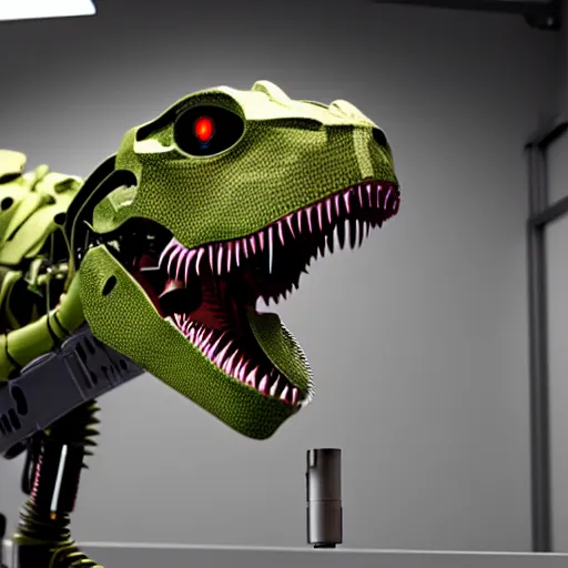 Prompt: Cyborg T-rex in a lab, extended robotic arms, photorealistic, 4K, HD, 3D