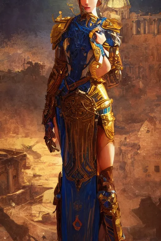 Image similar to portrait knights of Zodiac girl, metalic orange and dark blue reflected armor, in ruined Agora of Athens, ssci-fi, fantasy, intricate, very very beautiful, elegant, golden light, highly detailed, digital painting, artstation, concept art, smooth, sharp focus, illustration, art by tian zi and WLOP and alphonse mucha