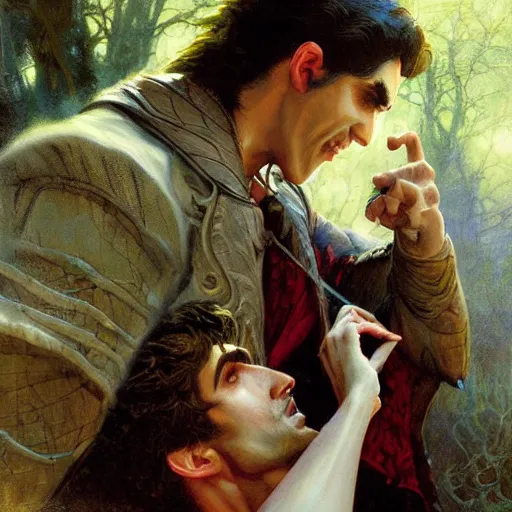 Image similar to attractive male fairy of the forest confesses his love to attractive male dracula the vampire. highly detailed painting by gaston bussiere, craig mullins, j. c. leyendecker 8 k