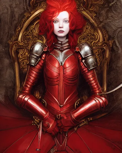 Prompt: redhead queen knight in heavy red armor, inside grand hall in castle with rococo aesthetic, intimidating, high fantasy, intricate detail, digital painting, artstation, concept art, smooth, sharp focus, illustration, art by yoshitaka amano and monia merlo and wlop, masterpiece