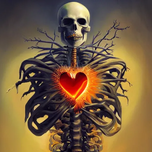 Image similar to a beautiful painting by Grzegorz greg rutkowski of an anatomically correct heart bursting out of an anatomically correct skeletal rib-cage and exploding into rainbows and sunflowers, trending on artstation hq