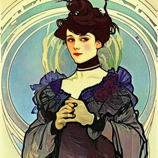 Image similar to goth girl with a wry grin, alphonse mucha, willam morris background.