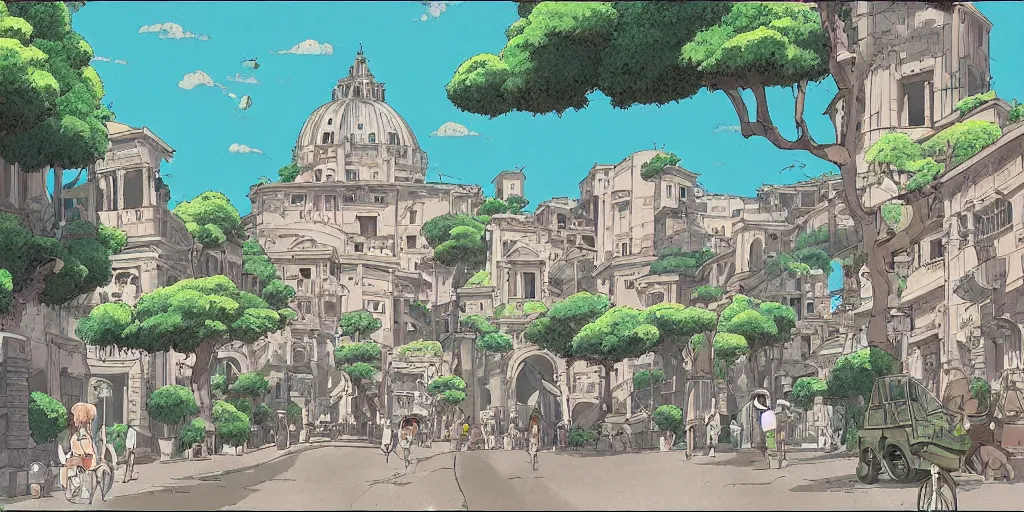 Prompt: studio Ghibli style background animatuon manga matte painting of Rome. Roads. Monuments. 4k quality. Sunny day. Bloom