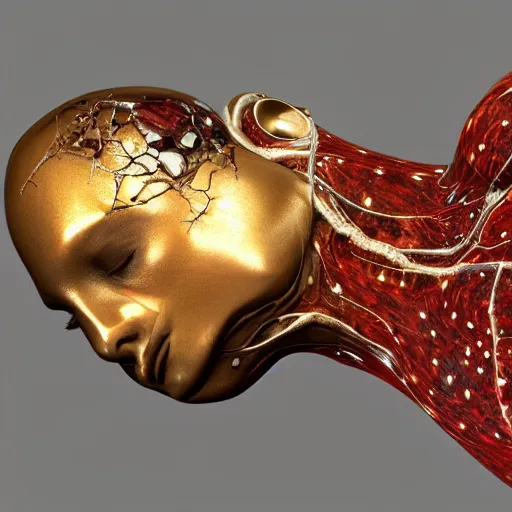 Image similar to neural system female torso with cracked skin with raw gems inlaid her skin, anatomic description, gems, gold, 8k, details, studio lighting, realism, complex lights