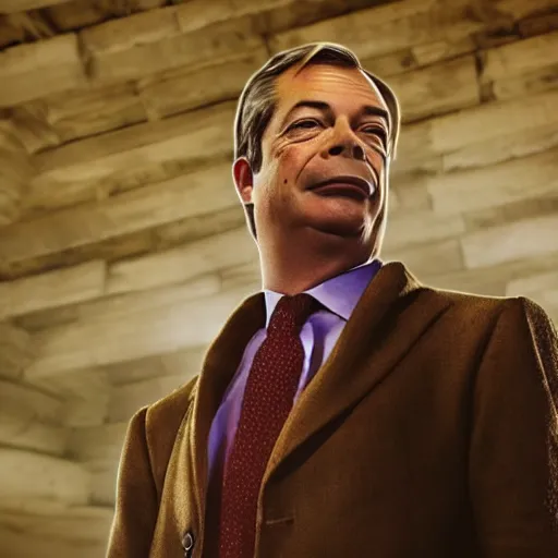 Image similar to nigel farage in skyrim splash art, movie still, detailed face, cinematic lighting, dramatic, octane render, long lens, shallow depth of field, bokeh, anamorphic lens flare, 8 k, hyper detailed, 3 5 mm film grain