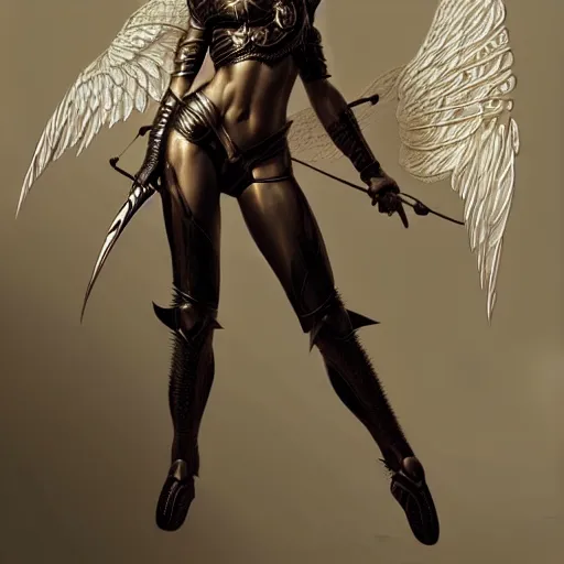 Image similar to 3 / 4 view of a warrior woman with wings, pixie, genshin impact,, intricate, elegant, sharp focus, illustration, highly detailed, concept art, matte, art by wlop and artgerm and greg rutkowski, fashionable neotenous goddess, latex and futuristic attire, h 6 4 0