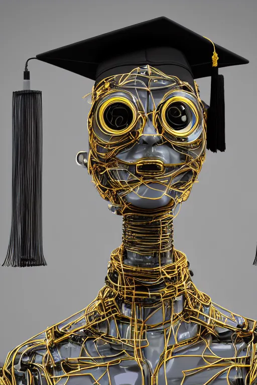 Prompt: a portrait of a extremely detailed beautiful robot lots of complex wires and connections, graduating wearing a black graduation hat with one gold tassel. realism. concept art. unreal engine 5, f / 1. 8, v - ray, ultra hd, 8 k, graduation photo,