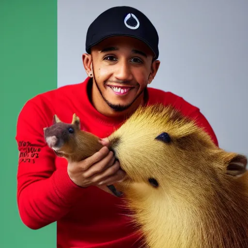 Prompt: an award winning photo of lewis hamilton holding a capybara, 4 k