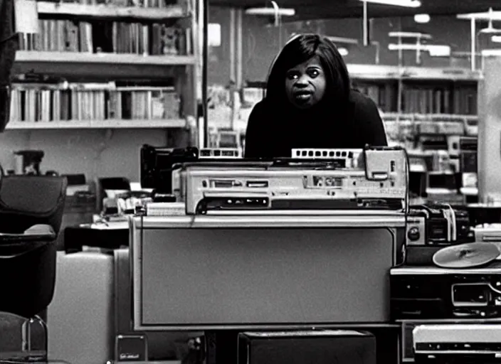 Image similar to cinematic shot of octavia spencer stressed out in an cramped used electronics store next to an old electronic keyboard, iconic scene from the paranoid thriller sci fi film directed by stanley kubrick, anamorphic cinematography, beautiful composition, color theory, leading lines, photorealistic