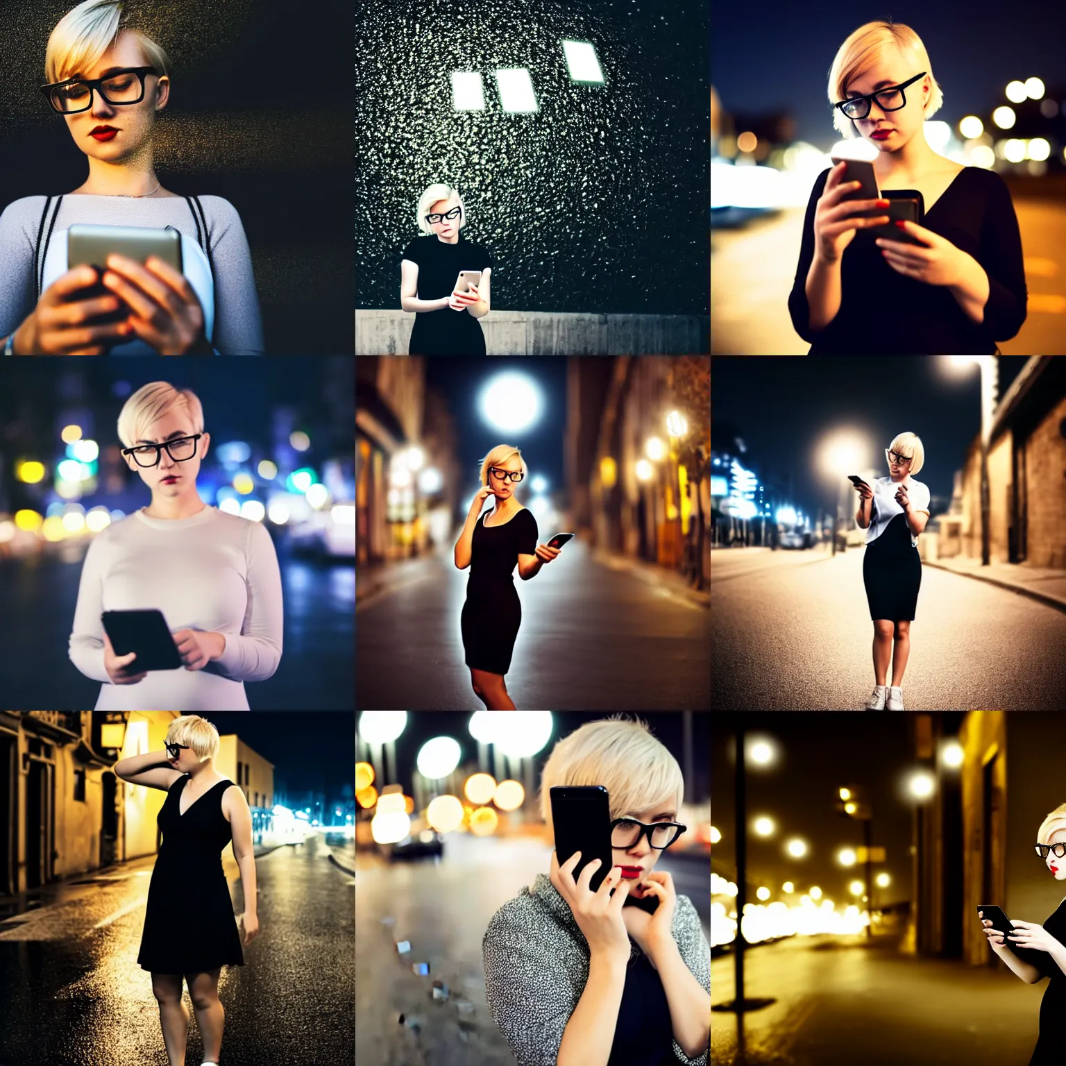 Prompt: full body shot of lonely blond short hair girl in street looking at her phone, curvy, black dress, white undershirt, wearing thin frame silver glasses, night time photo, hdr, depth of field, raining, particles, golden ratio, cinematic lighting